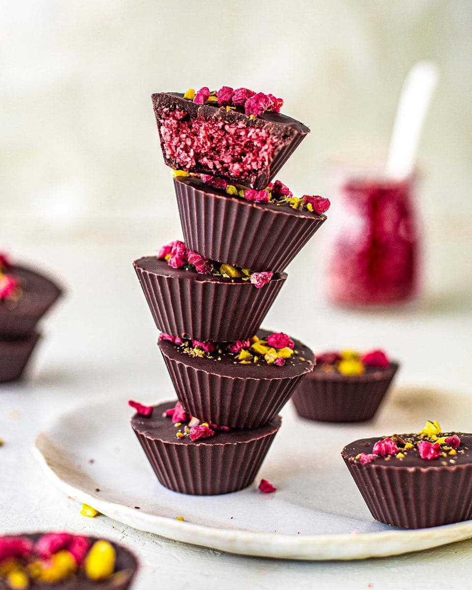 Stack of cherry ripe cups.