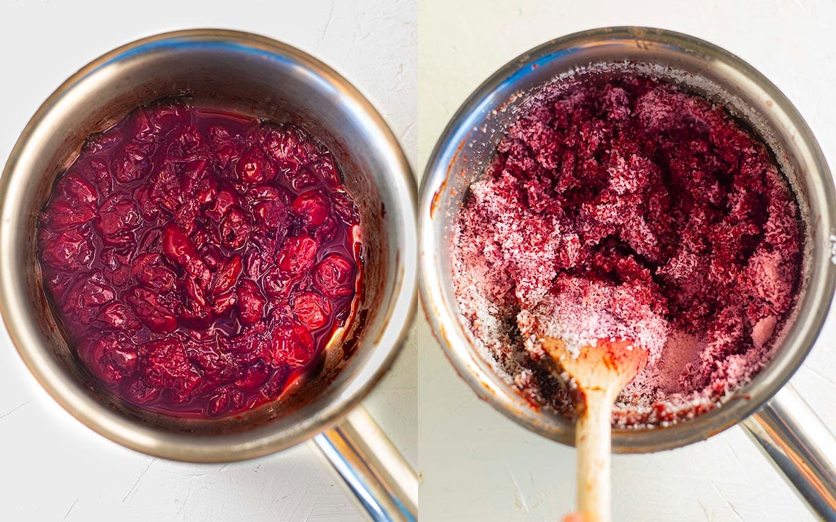 Two image collage of preparing cherry coconut filling.