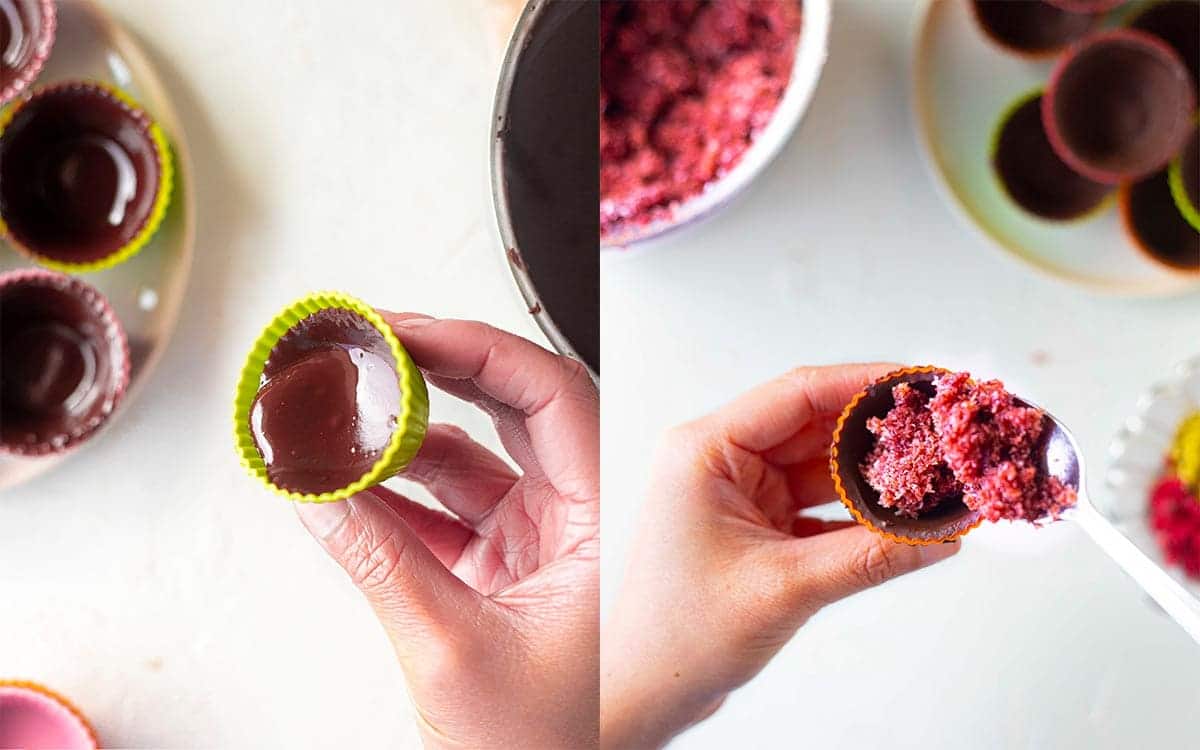 Two image collage of coating the silicone cups with chocolate and stuffing them with the cherry filling.