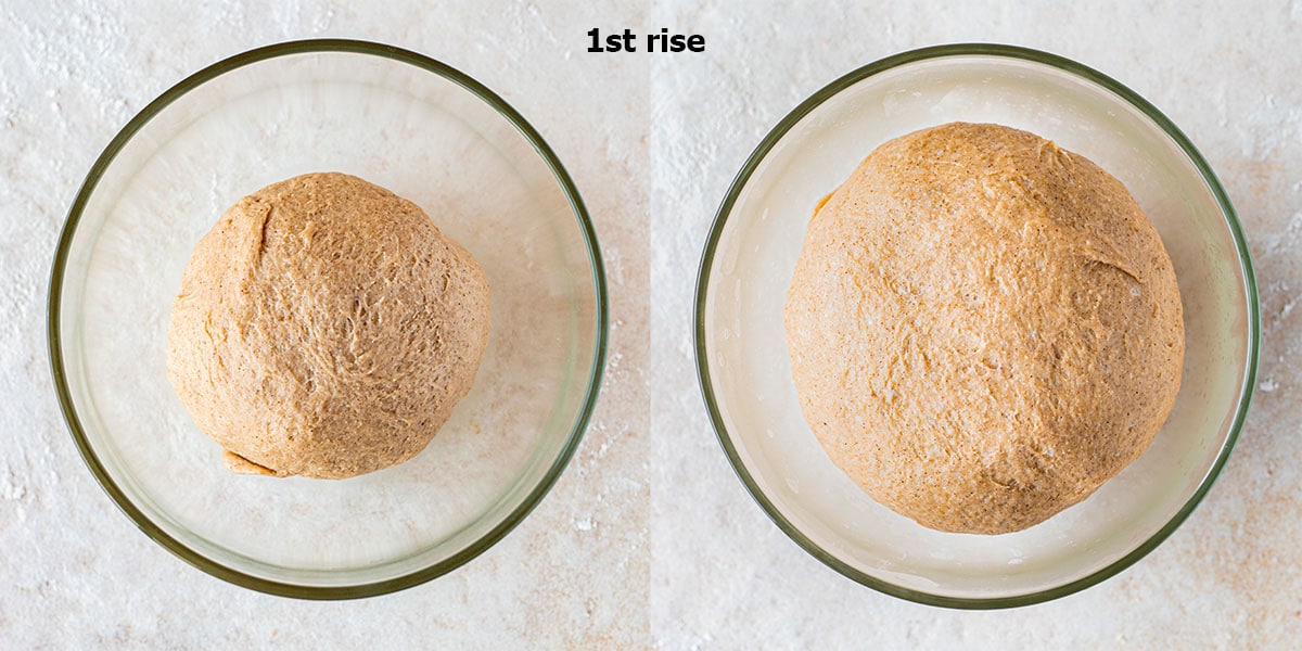 Two image collage showing before and after first rise of the dough for the vegan babka.