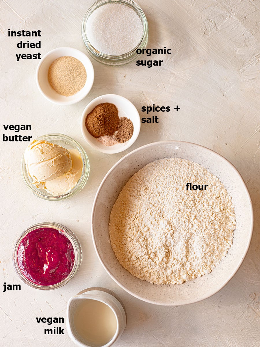 Flatlay of ingredients for the vegan jam donut babka.