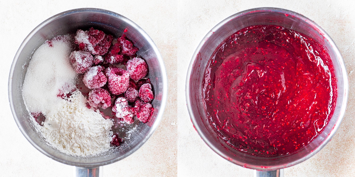 Two image collage showing quick raspberry jam for the vegan babka.