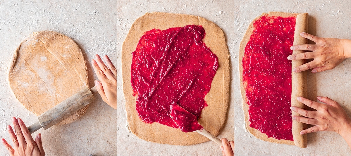 Three image collage showing flattening of the vegan babka dough, spreading the raspberry jam on the surface and rolling the dough into a tube.