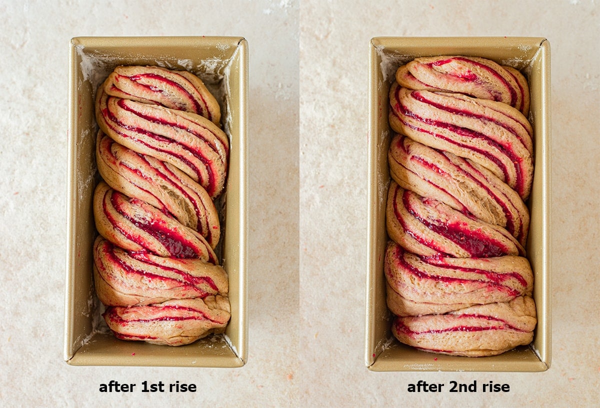 Two image collage showing second rise of the jam donut babka.