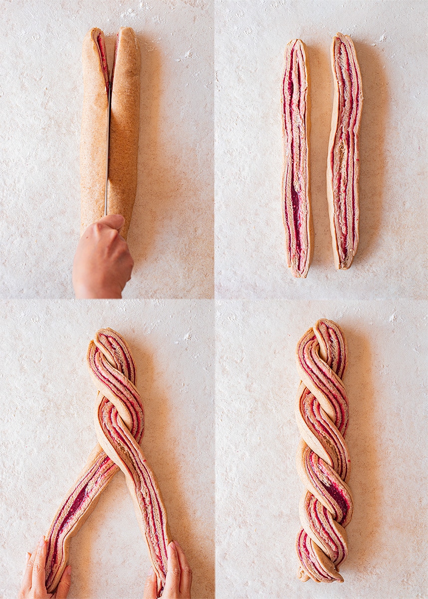 Four image collage showing how to twist the vegan babka.