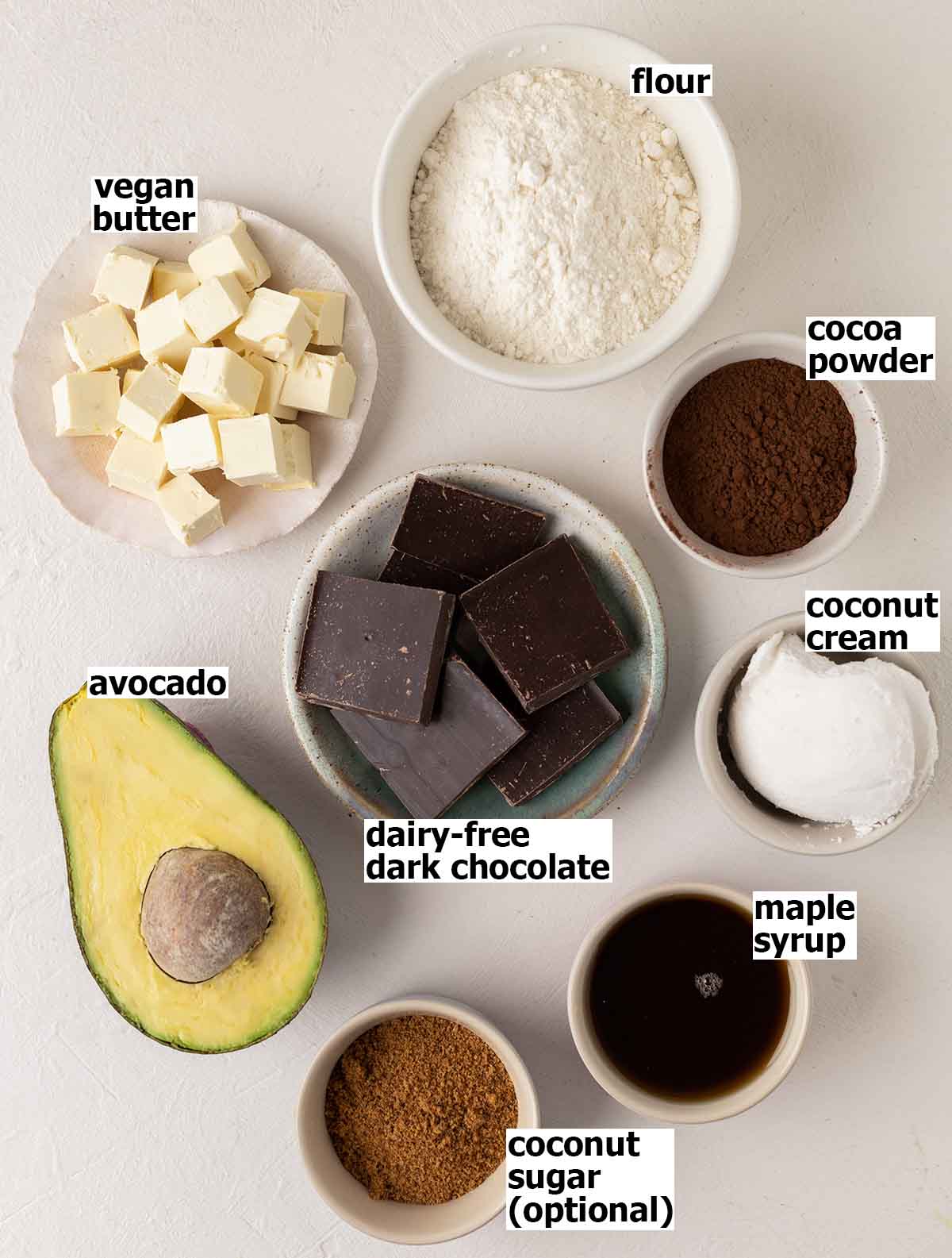 Flat-lay of ingredients for avocado tart.