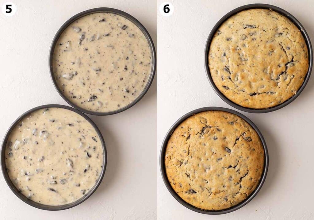 Two image collage showing cake batter in pans and after cakes are baked.