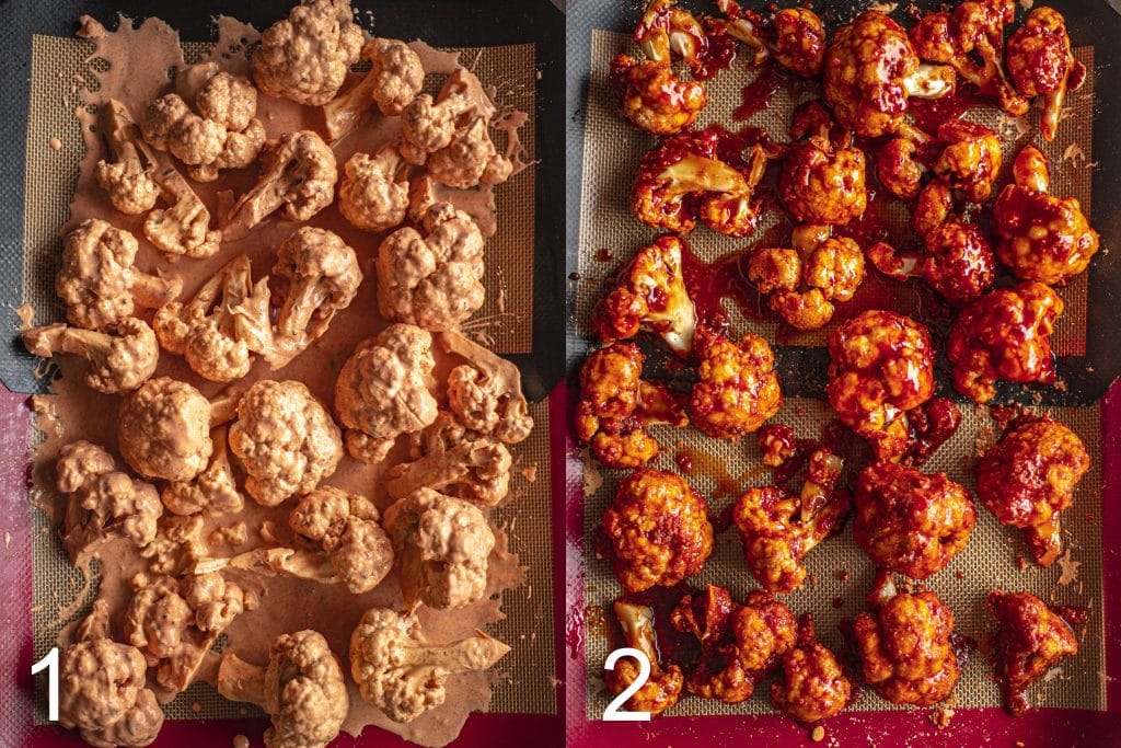 Two image collage before and after cauliflower is baked and with sauce.