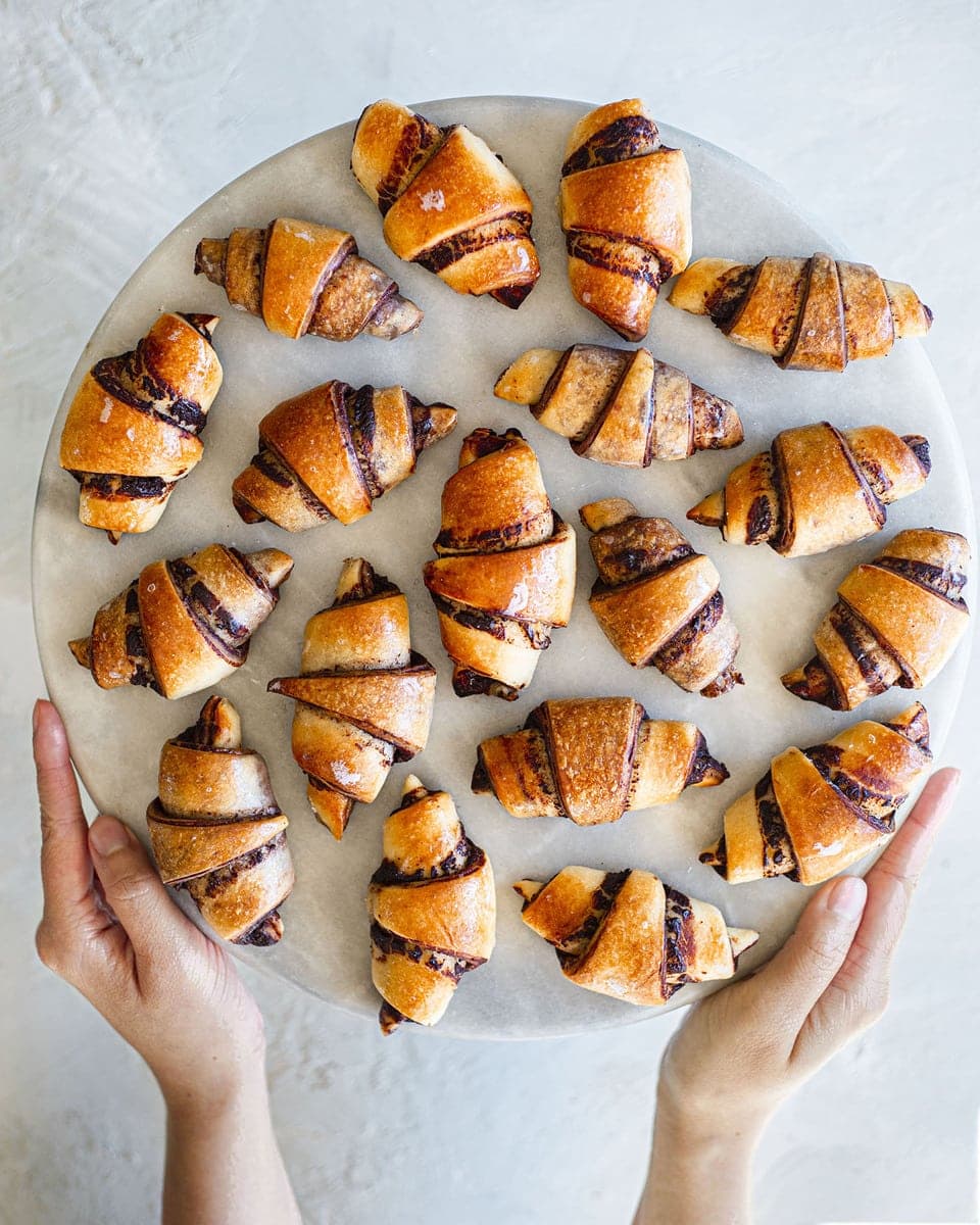 baked vegan chocolate rugelach on marble board