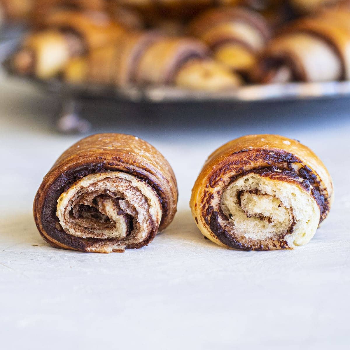 cross section of two vegan chocolate rugelach
