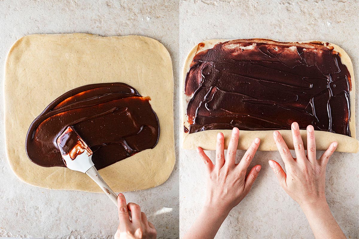 Two image collage of how to spread ganache on babka dough and roll up the dough.