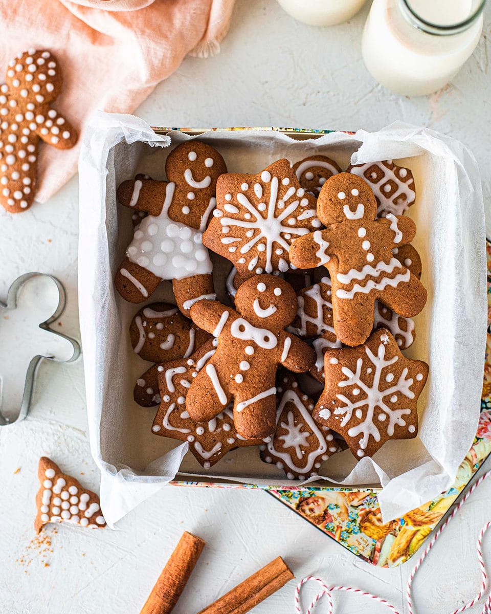 Decorated refined sugar free gingerbread cookies in a vintage gift box.