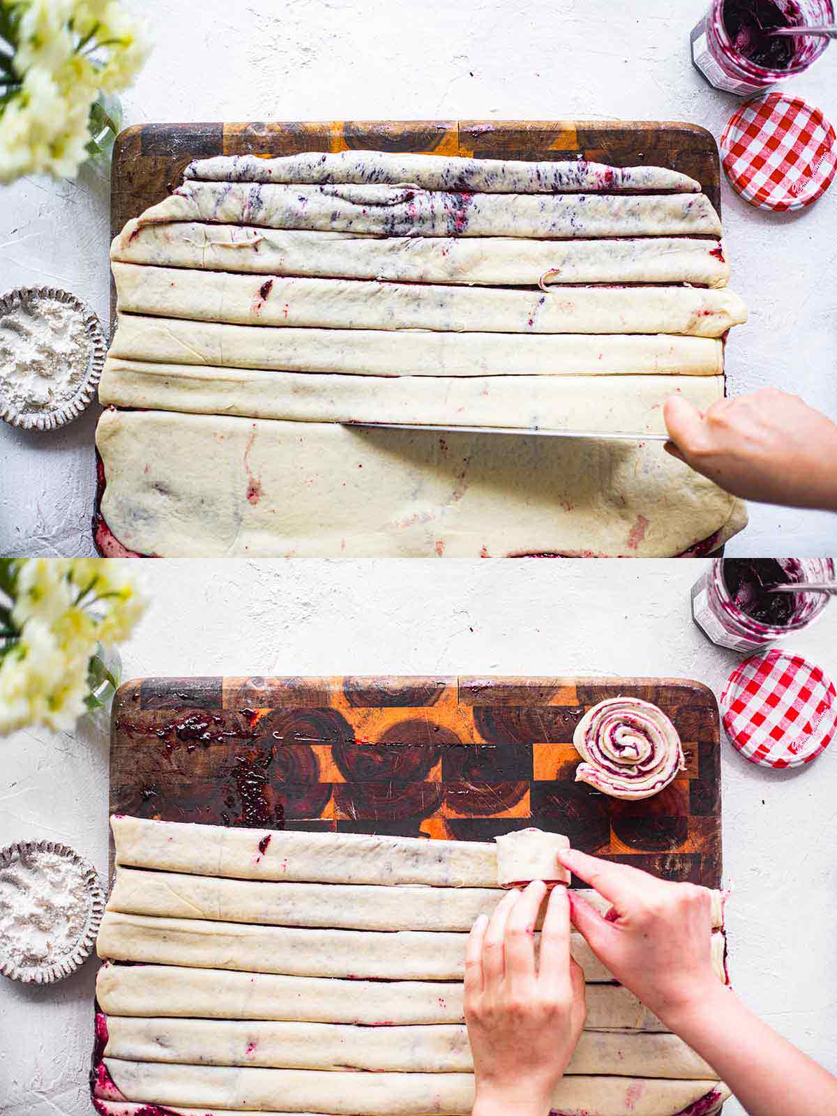 Cutting and rolling the berry swirl buns.