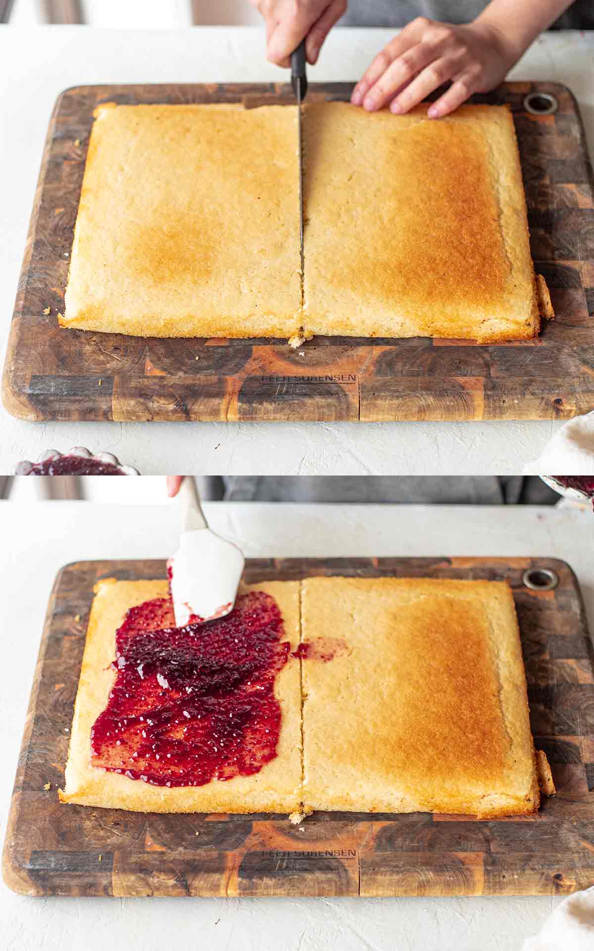 Cutting the sponge and spreading the raspberry jam for the vegan lamingtons.