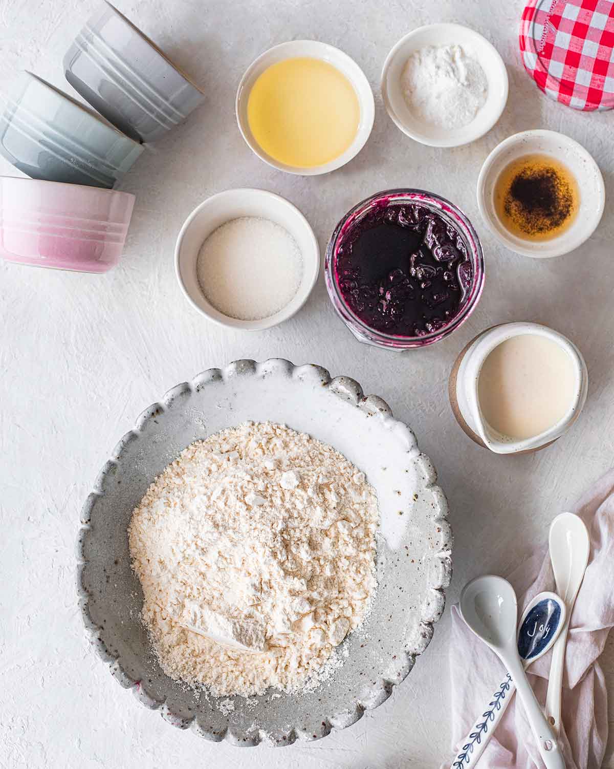 Ingredients and equipment for the easy vegan self-saucing pudding.