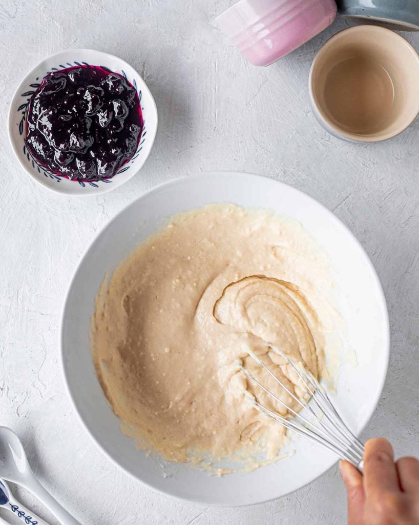 Preparing the one bowl batter for the vegan self-saucing pudding