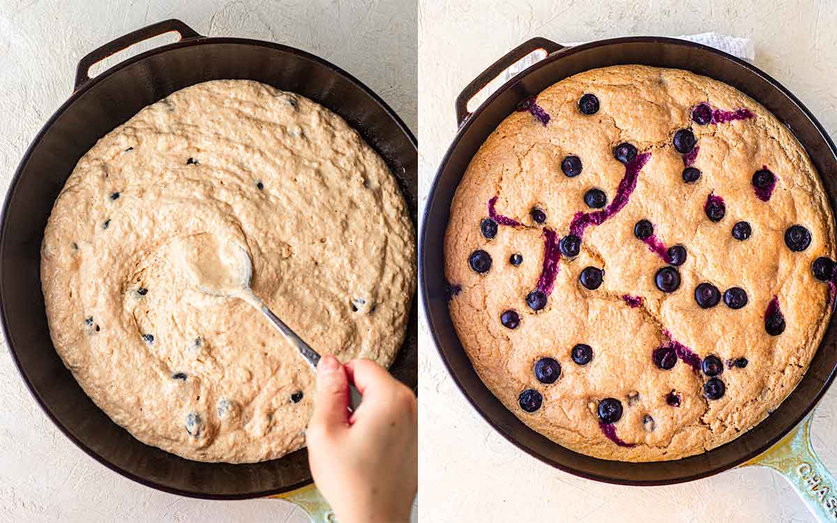 Vegan blueberry pancake before and after baking.