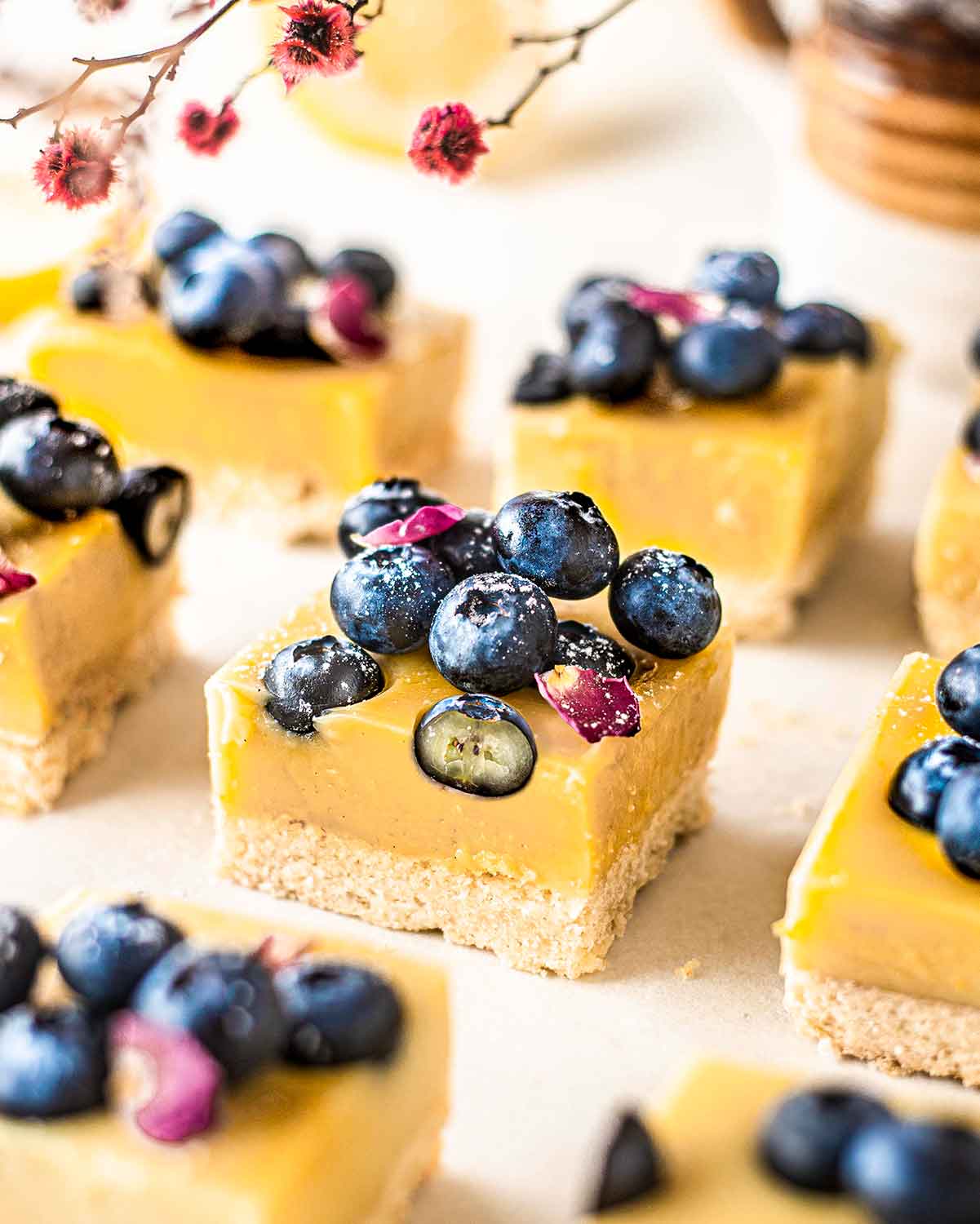 Close up of vegan blueberry lemon bars showing shiny blueberries and texture of each bar.