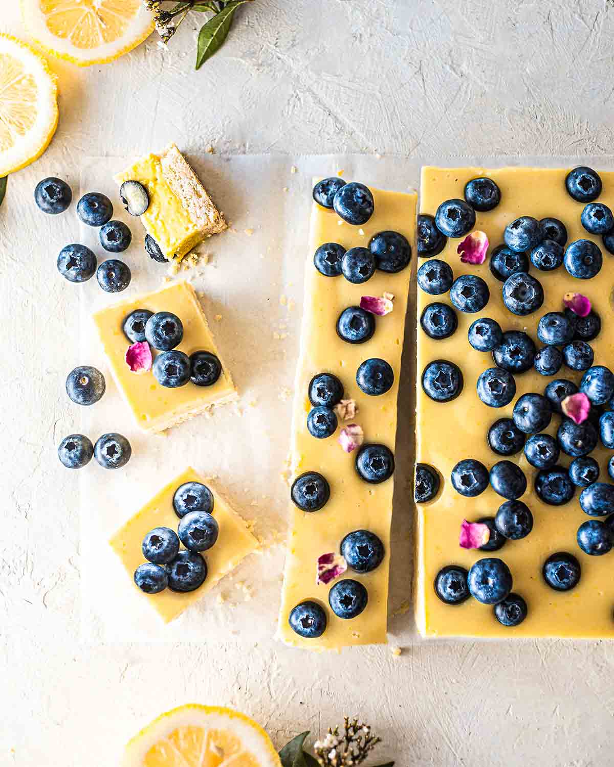 Flatlay of creamy vegan blueberry lemon bars.