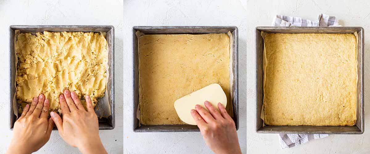 3 process steps showing: pressing the base mixture pressed into a square baking tin, base mixture flattened by a cake scraper and the base after baking.
