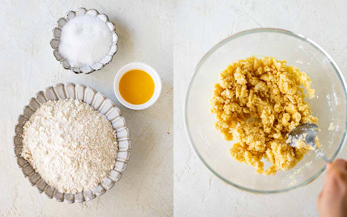 Flatlay of ingredients for the shortcrust base for the lemon bars and all ingredients mixed in a bowl.