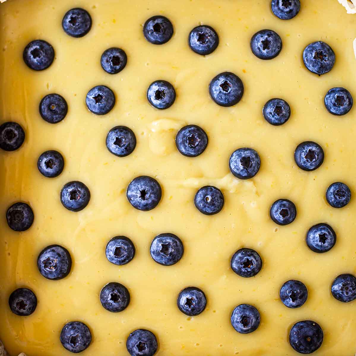 Close up of fresh berries in surface of creamy lemon mixture