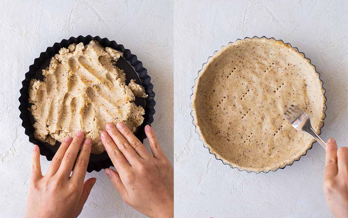 Two image collage pressing gluten free pastry into tin.