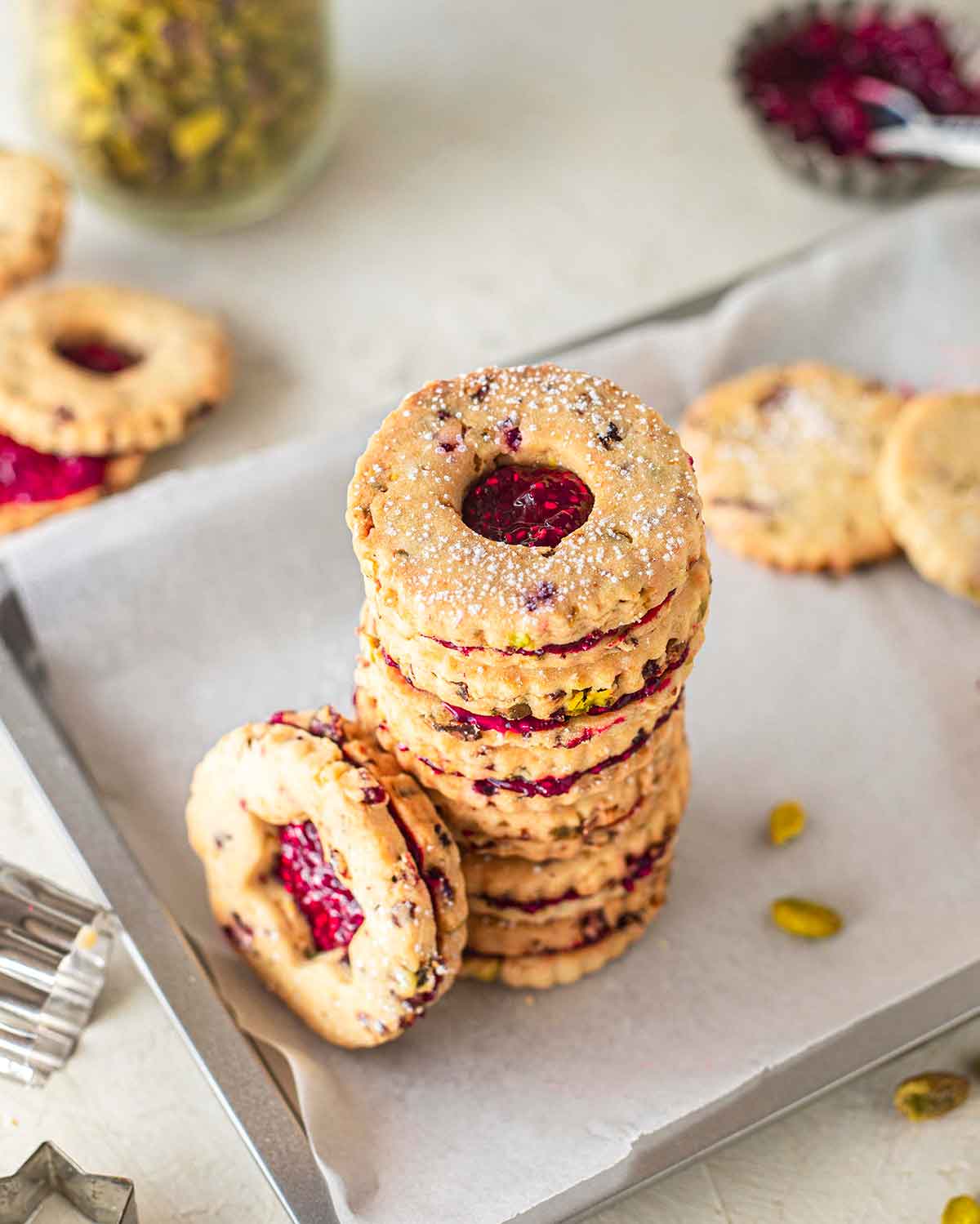 Stack of jam filled cookies.