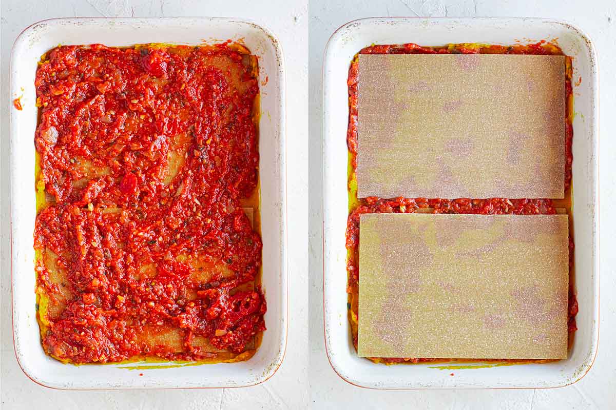 Casserole dish with tomato pasta sauce layer again and lasagna sheets.