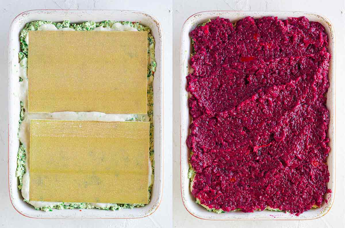 Casserole dish with lasagna sheets and beetroot.