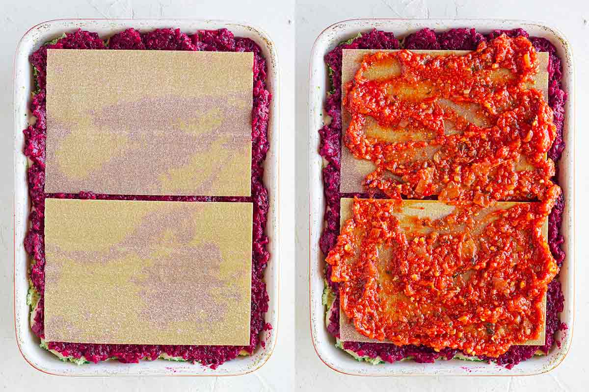 Casserole dish with lasagna sheets and more tomato sauce.