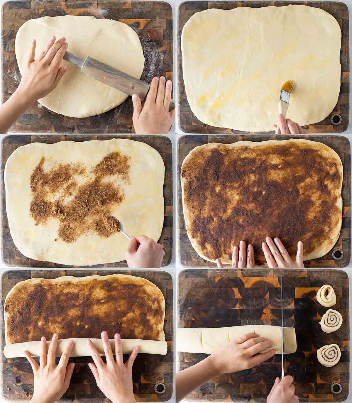 6 image collage of how to assemble the vegan sourdough cinnamon rolls.