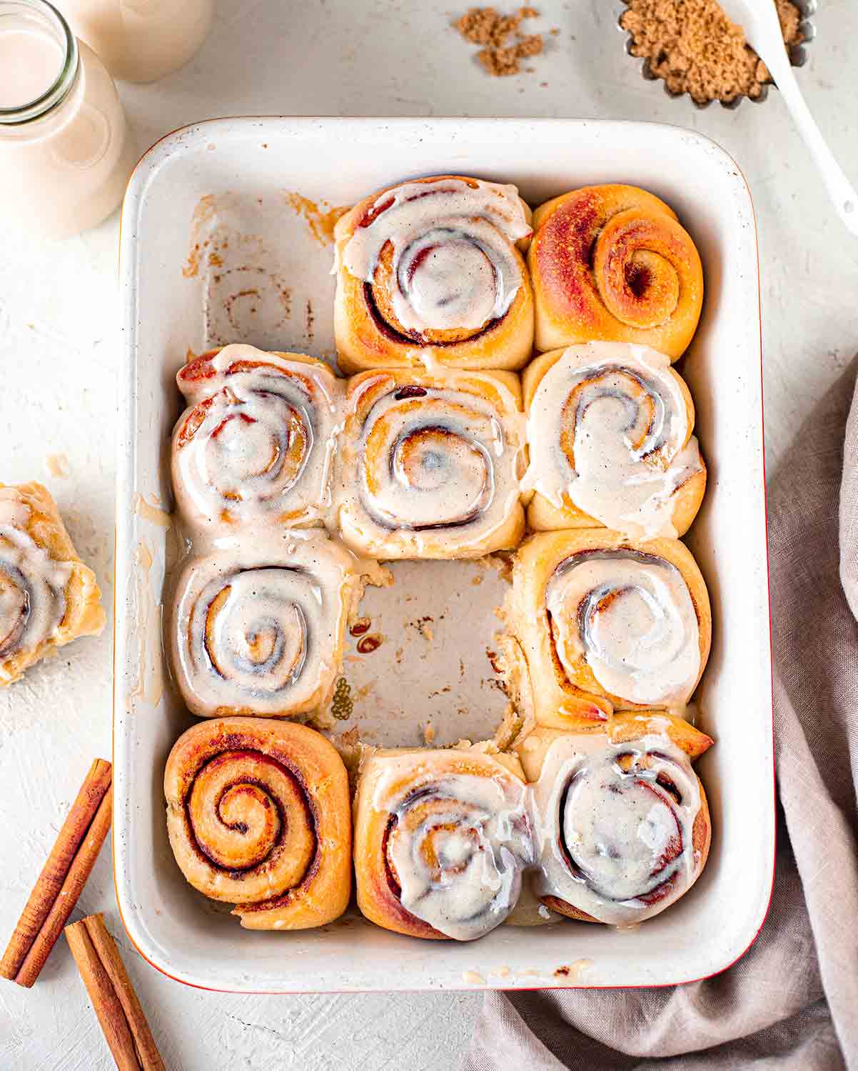 Vegan Sourdough Cinnamon Rolls in baking tray.