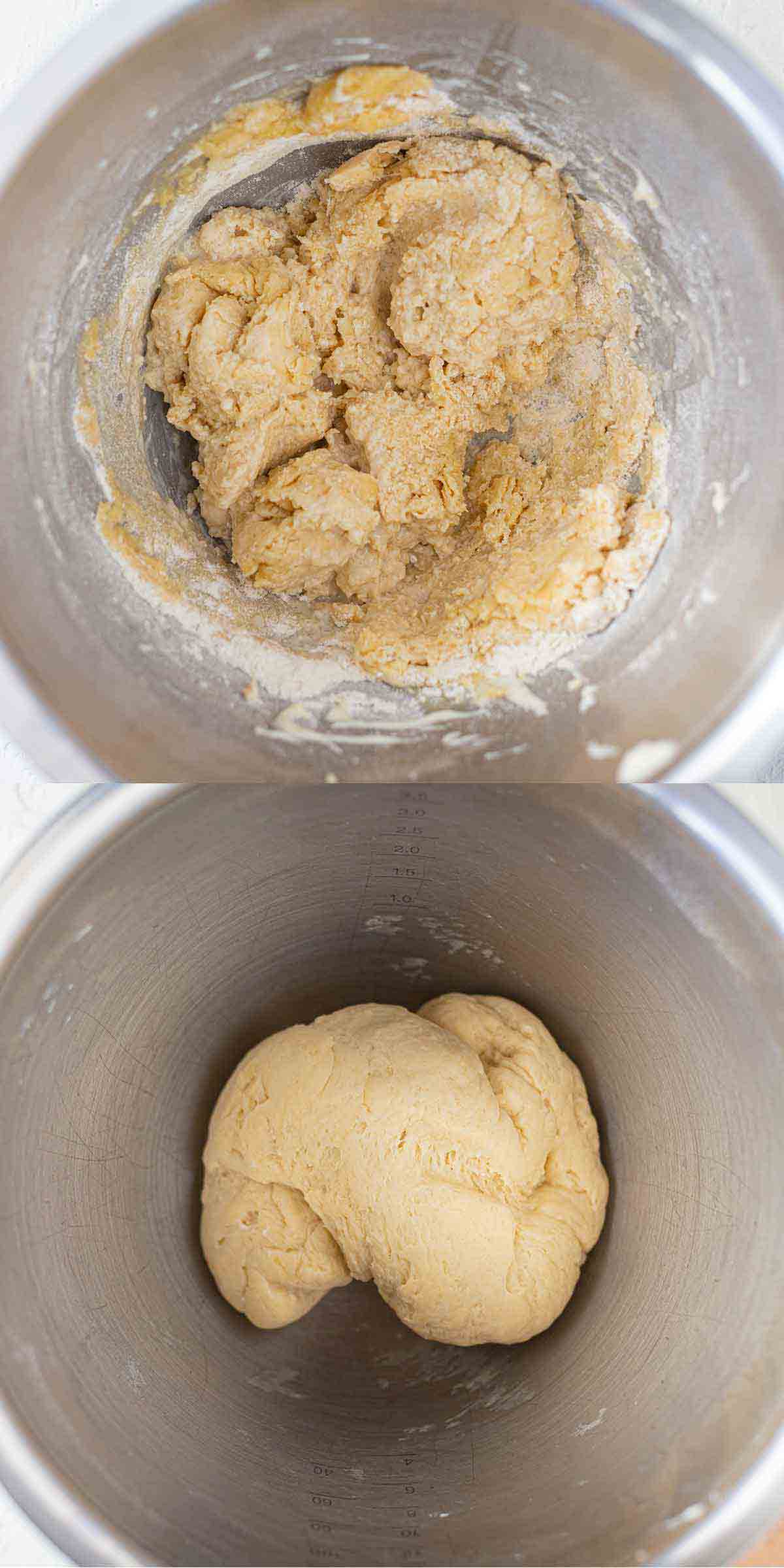 2 image collage showing different stages of the sourdough cinnamon roll dough being mixed.