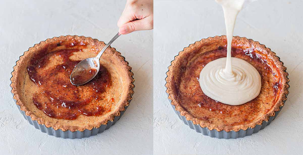 Two image collage spreading jam on tart base and pouring cashew cream into base.