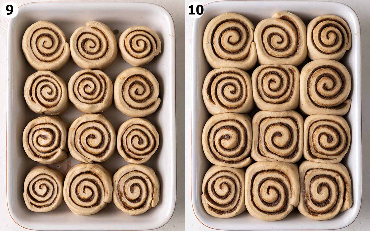 Two image collage showing second rise of vegan gingerbread rolls in greased baking tray.