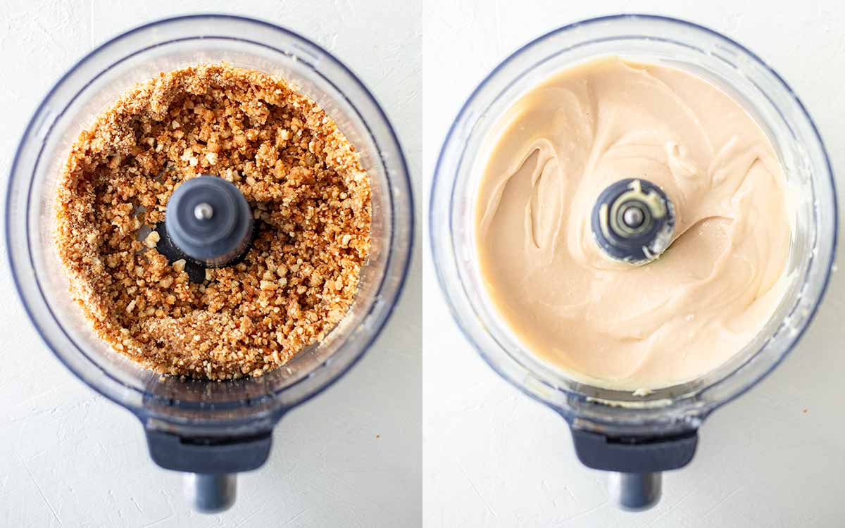 Collage of two photos showing crumbly base in food processor and creamy mango cheesecake filling in food processor.