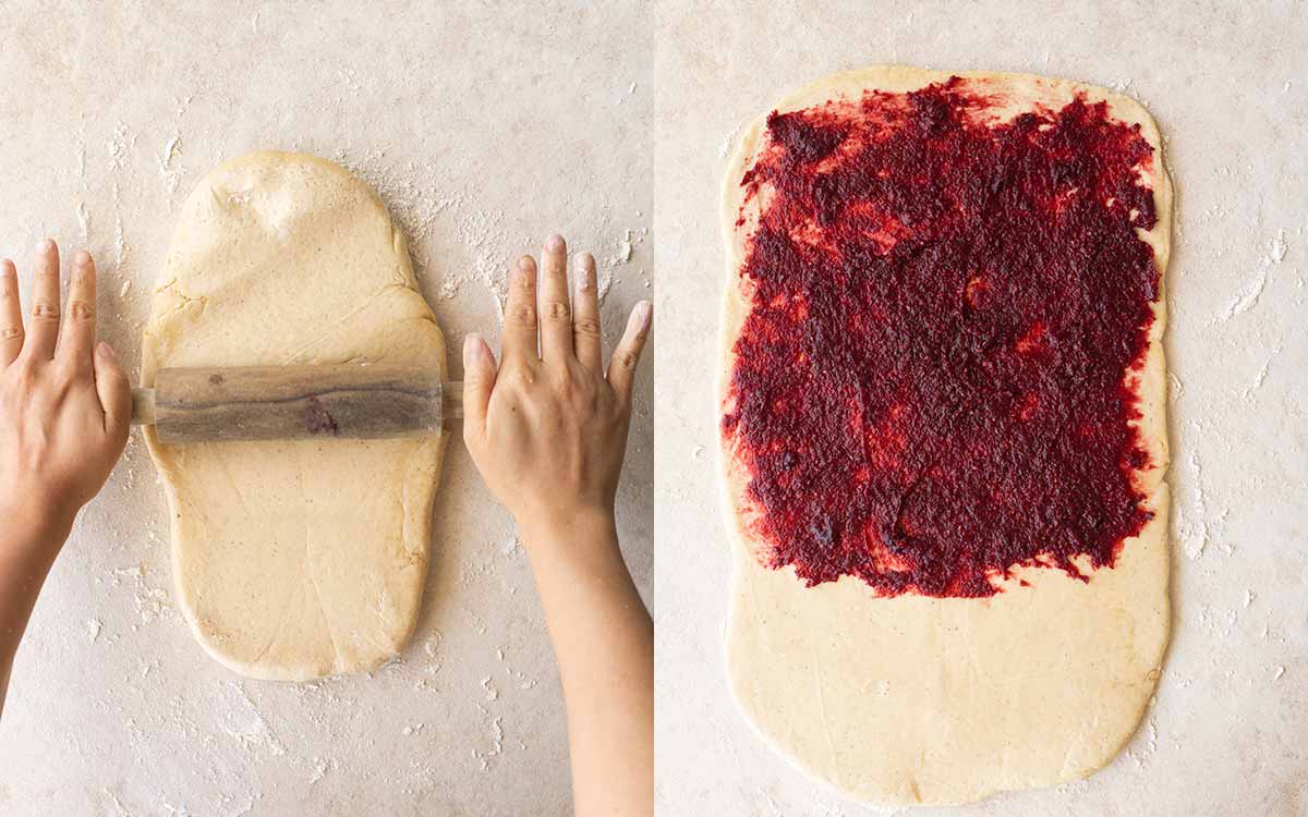 Two image collage showing brioche dough rolled out onto floured surface and red cherry jam spread on two thirds of the flattened dough.