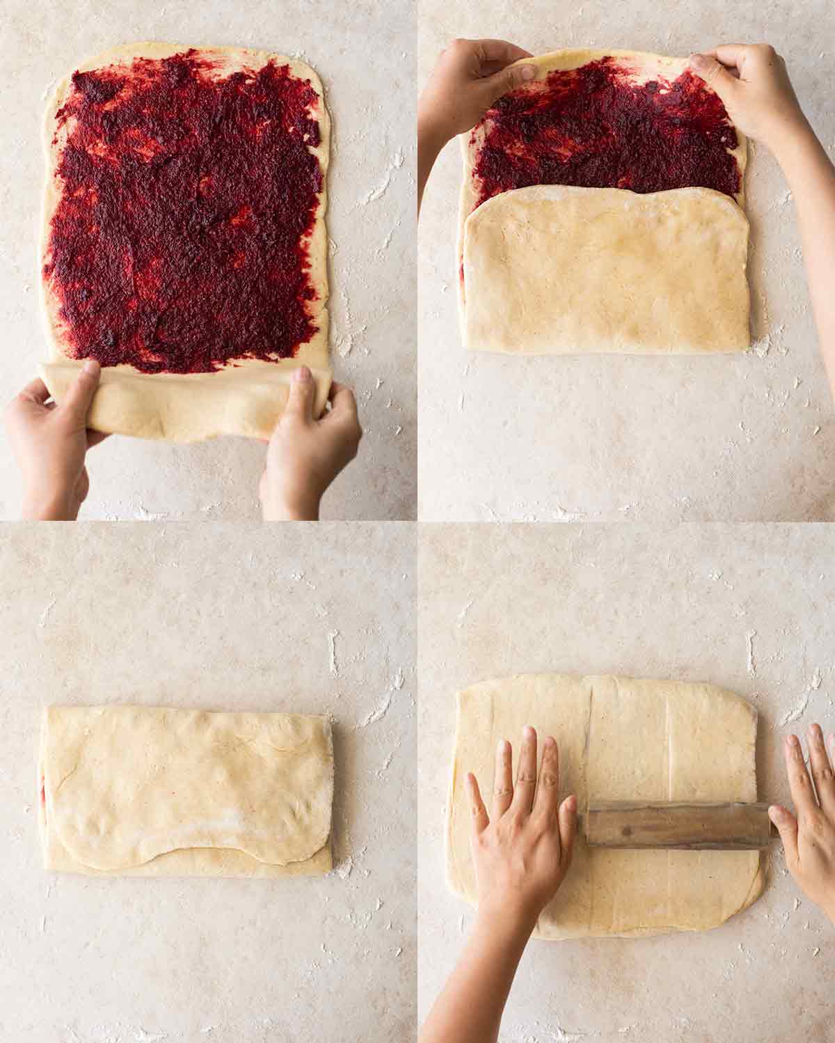 Four image collage showing the folding process for the cherry roll dough. Last image shows the dough being rolled out into a rectangle again.