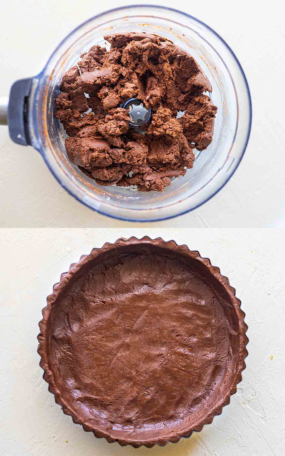Two image collage showing chocolate base in food processor and base pressed into a tart tin.