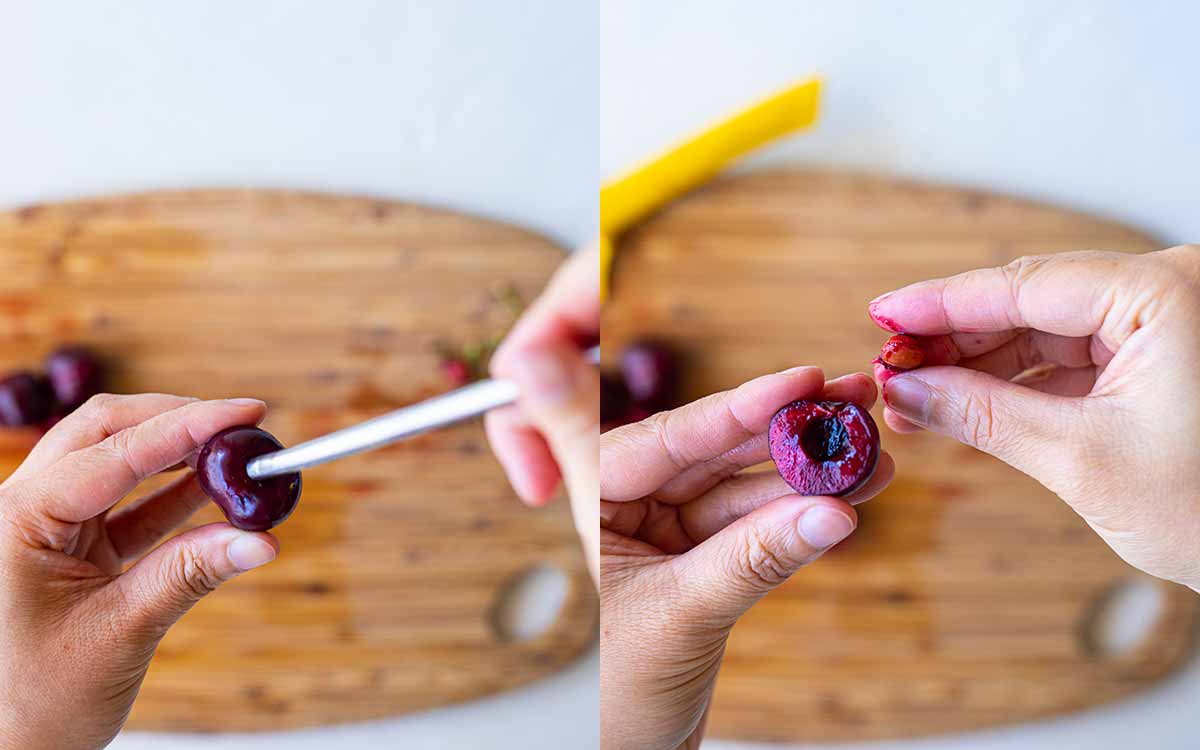 Two image collage showing two ways of how to remove the seeds of cherries.