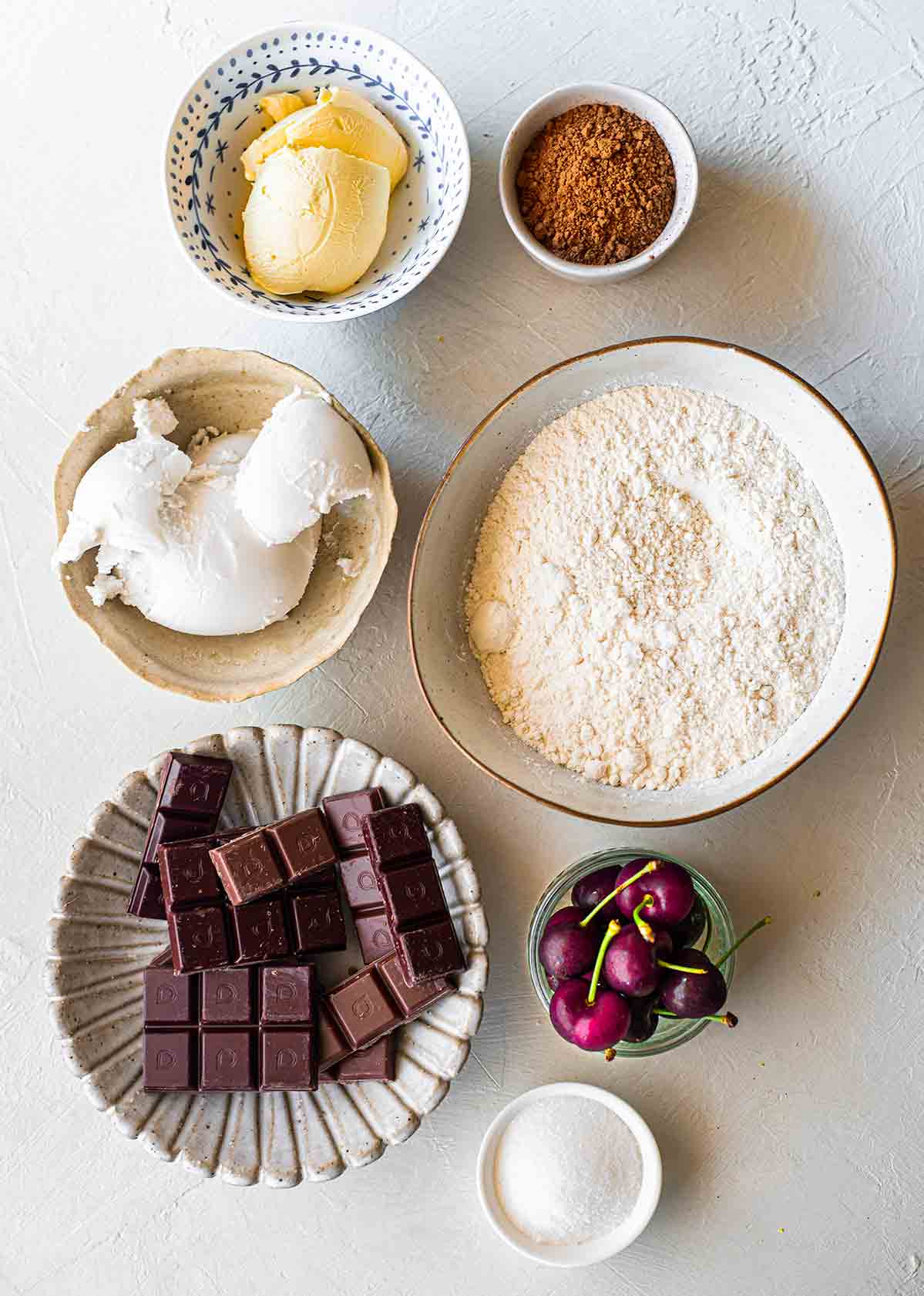 Flatlay of ingredients for the vegan black forest tart.