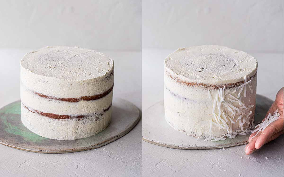 Two image collage showing 'naked' pina colada cake with a thin layer of frosting then a more frosted cake with a hand placing shredded coconut on the sides.