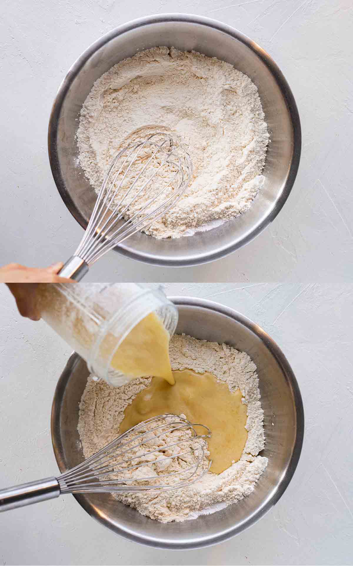 Two image collage for making the pina colada cake. Image one shows all dry ingredients mixed in a bowl. Image two shows smoothie jug pouring wet ingredients into bowl on top of dry ingredients.