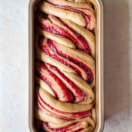 Raspberry Jam Donut Babka in baking tin