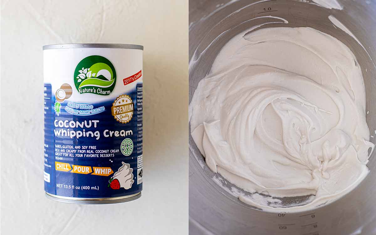 Two image collage of can of branded can of cream and final thick whipped cream in bowl.