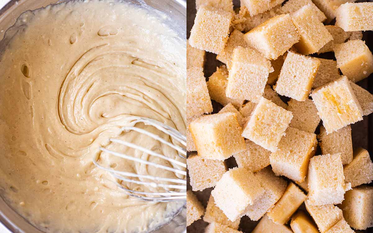 Two image collage of vanilla sponge as a thick unbaked batter and baked cut into cubes.