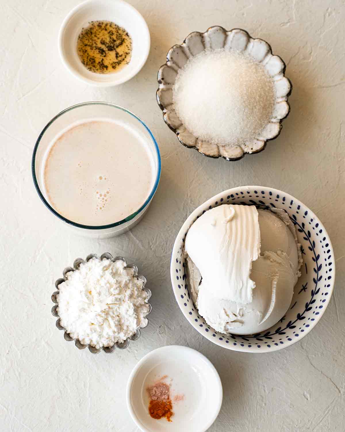 Flatlay of ingredients for vegan custard.