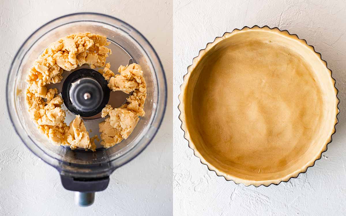 Two image collage of the tart base in food processor and pressed into tart tin.