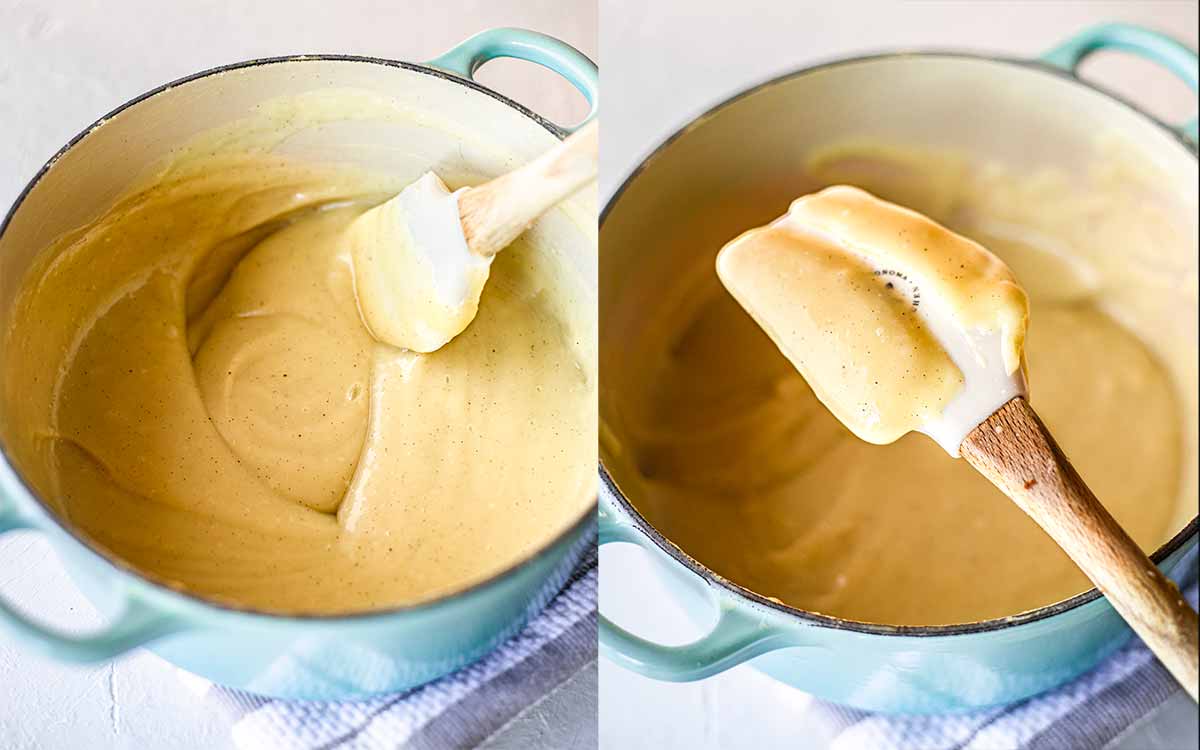 Two image collage of thick vegan custard in saucepan. Image two is a close up of the spatula covered in custard with a line drawn showing thick custard consistency.